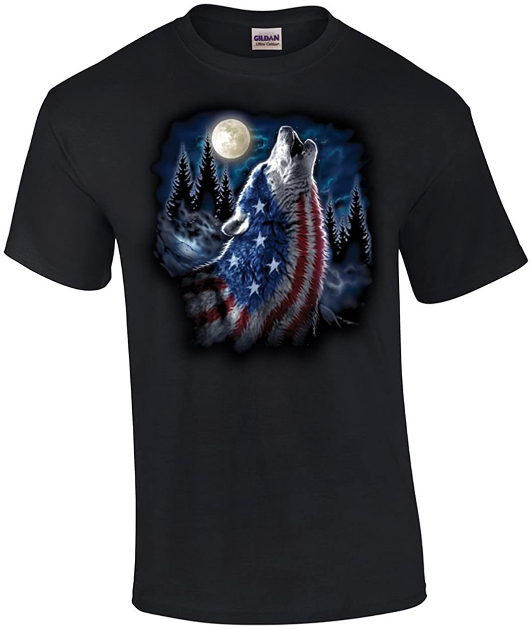 American Flag Wolf Howling Moon Patriotic T-Shirt