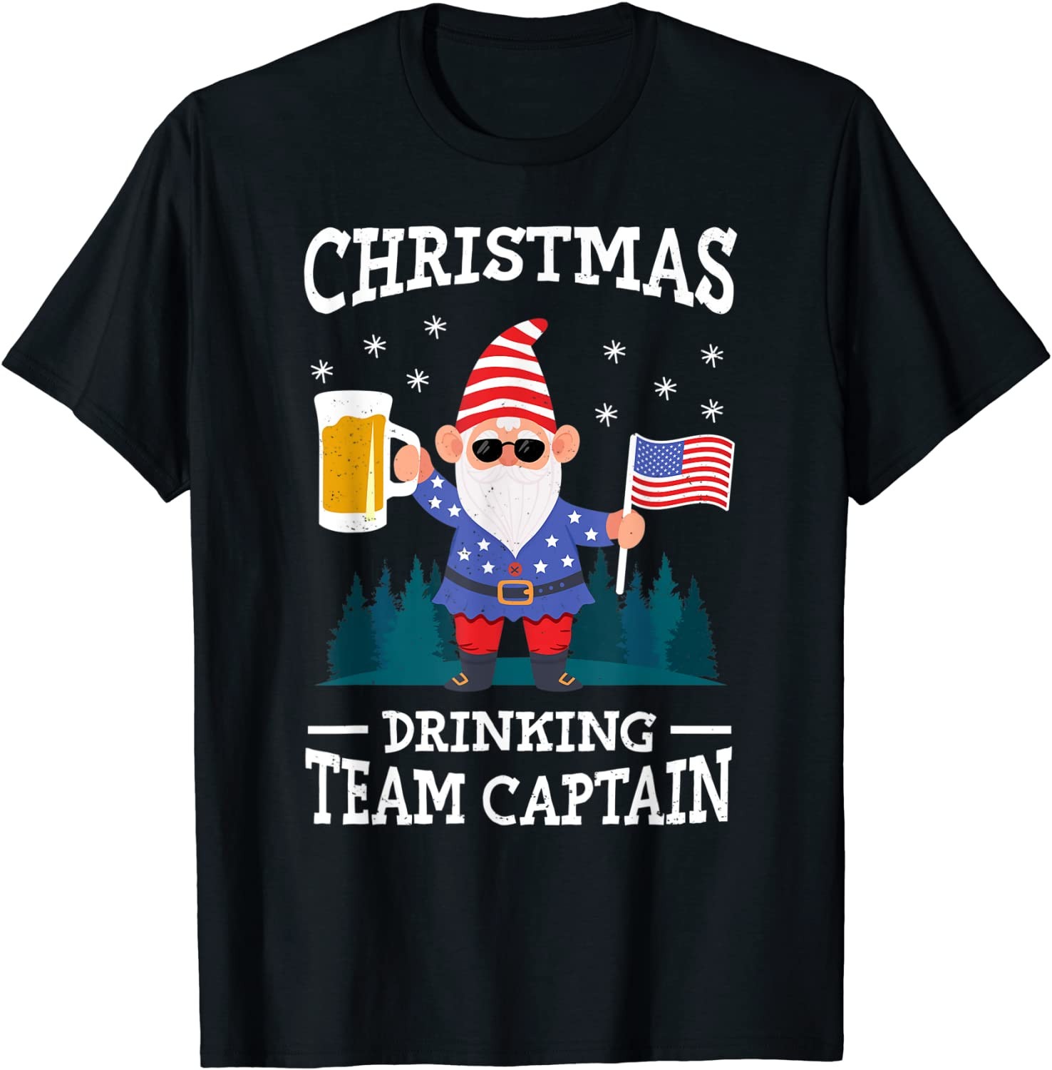 Christmas Drinking Team American Flag Gnome Xmas Love Beer T-Shirt