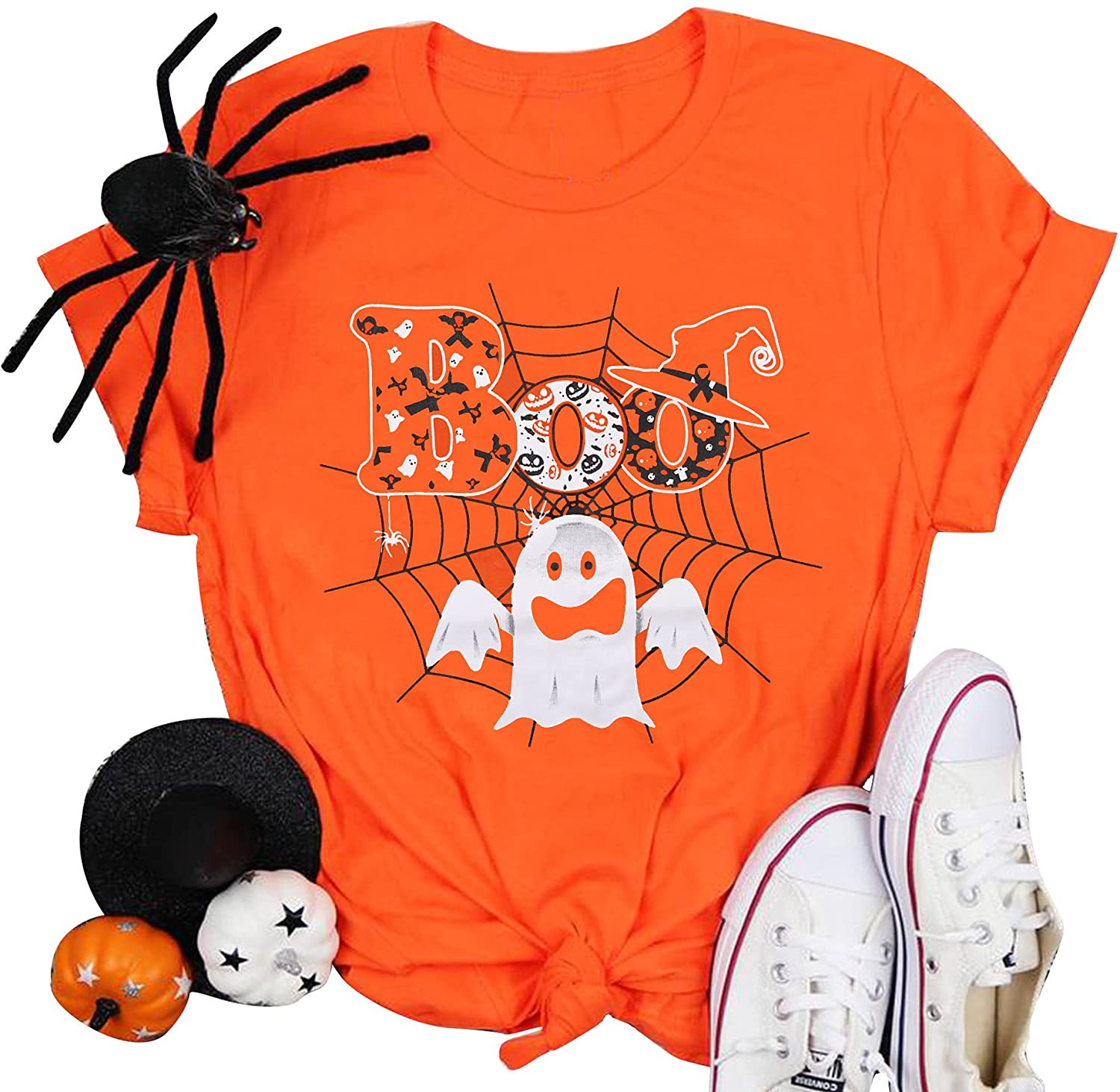 HalloweenBooT-ShirtWomenFunnyGhostPumpkinSpiderGraphicPrintShirtTeeTop T-Shirt