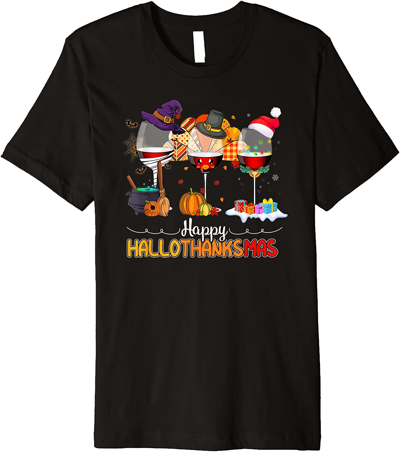 Happy Hallothanksmas Wine Glasses Drinking Lover Halloween T-Shirt