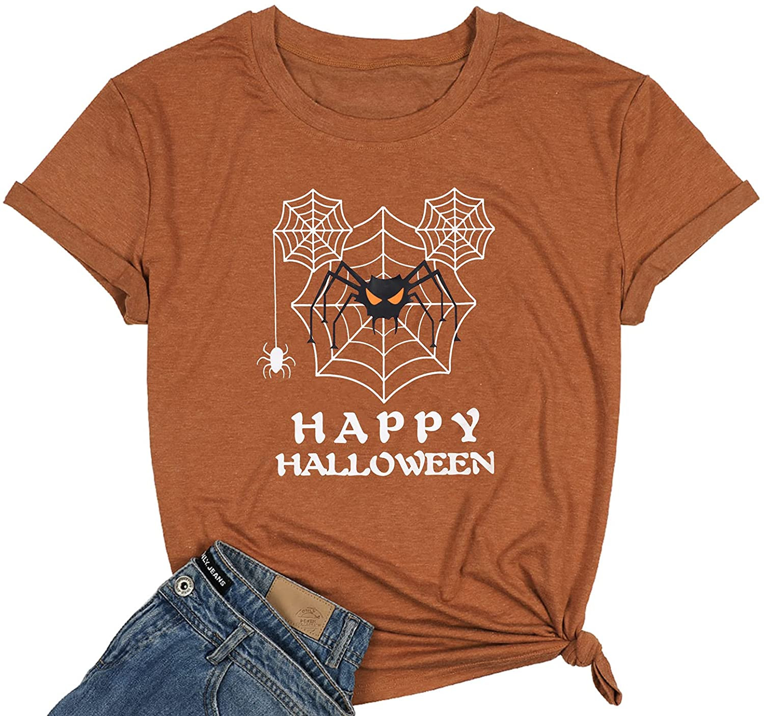 Happy Halloweens Women Funny Spider Web Tshirt Casual Fall T-Shirt