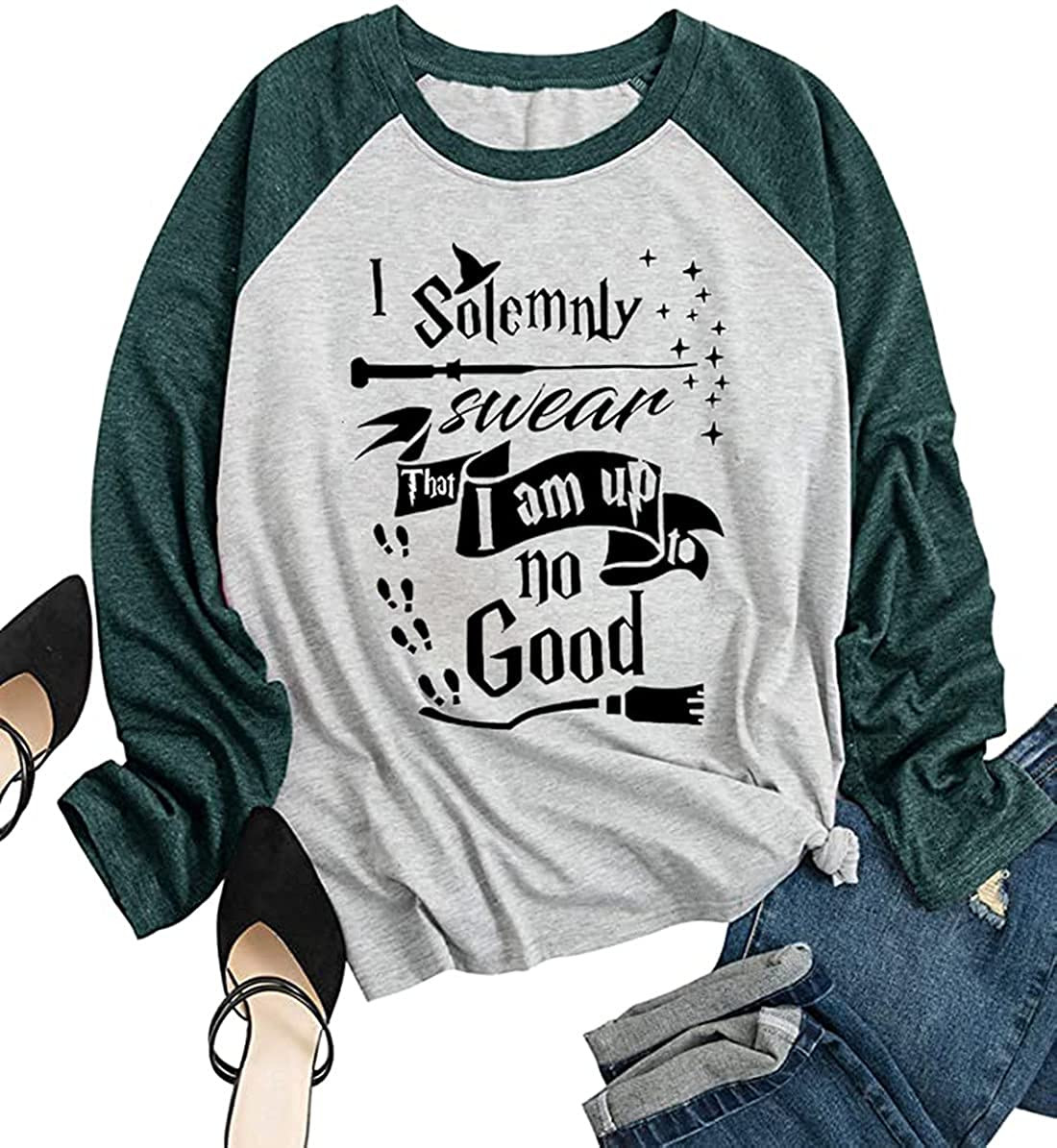 I Solemnly Swear That I Am Up To No Good Women Halloween Casual Splicing Loos Fit T-Shirt