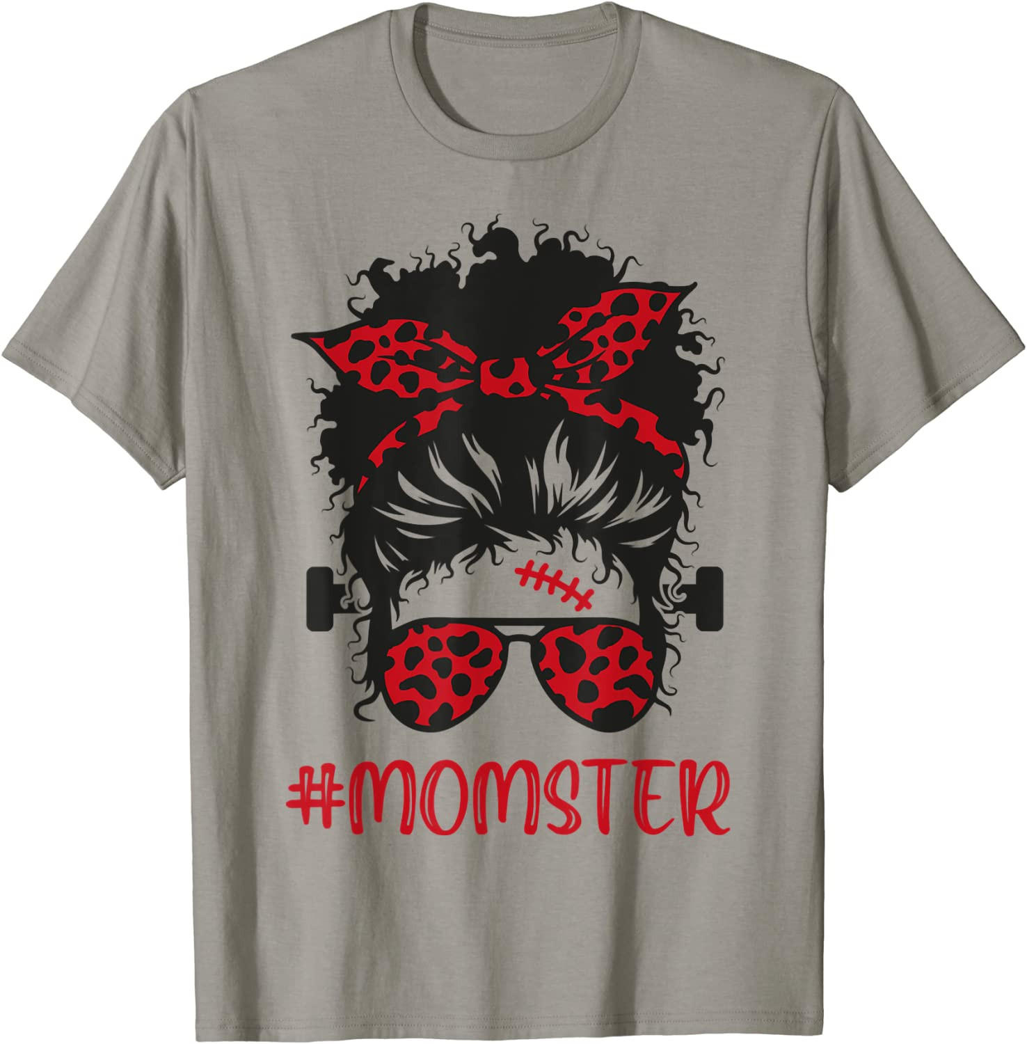 Momster Skull, Red Leopard Glasses, Halloween Messy Bun T-Shirt