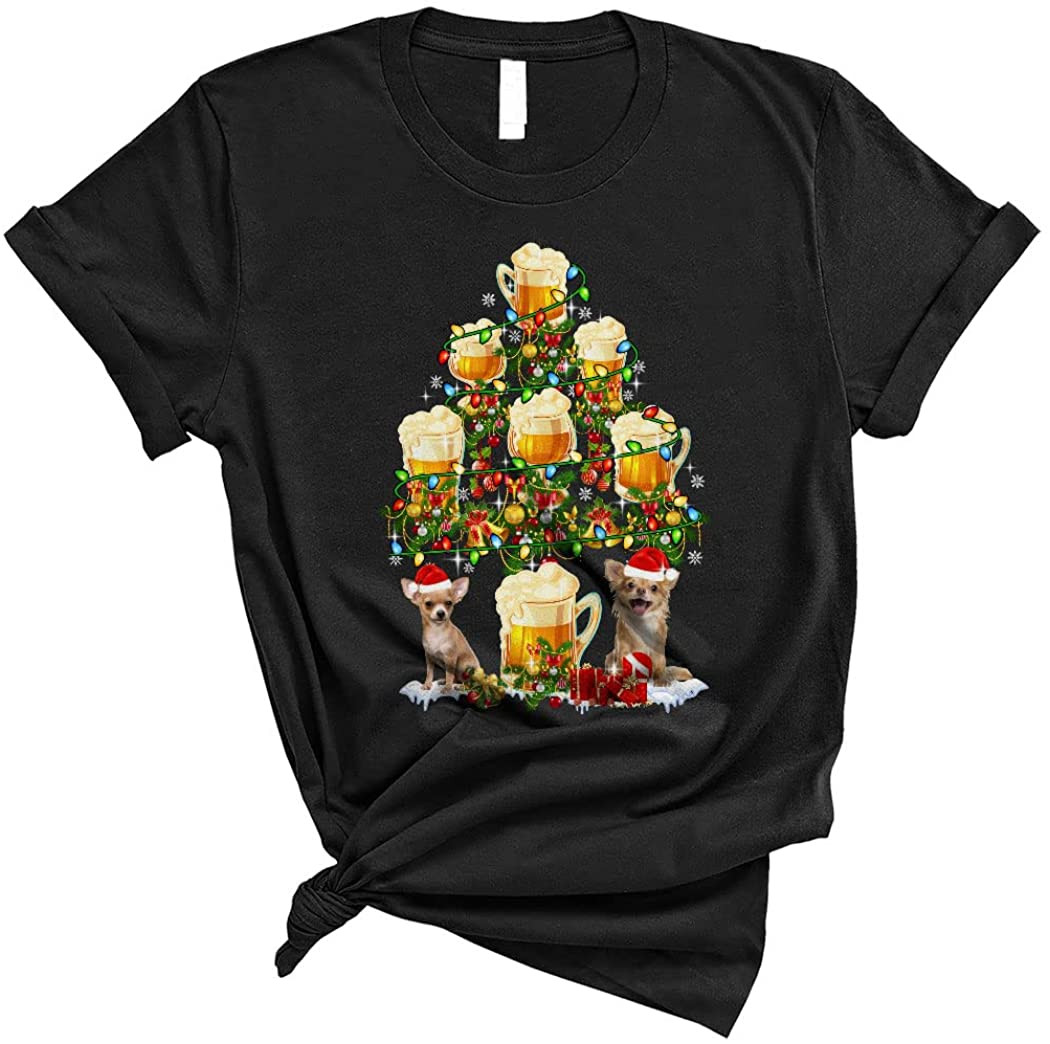 Santa Chihuahua And Beer Glasses Christmas Tree T-Shirt