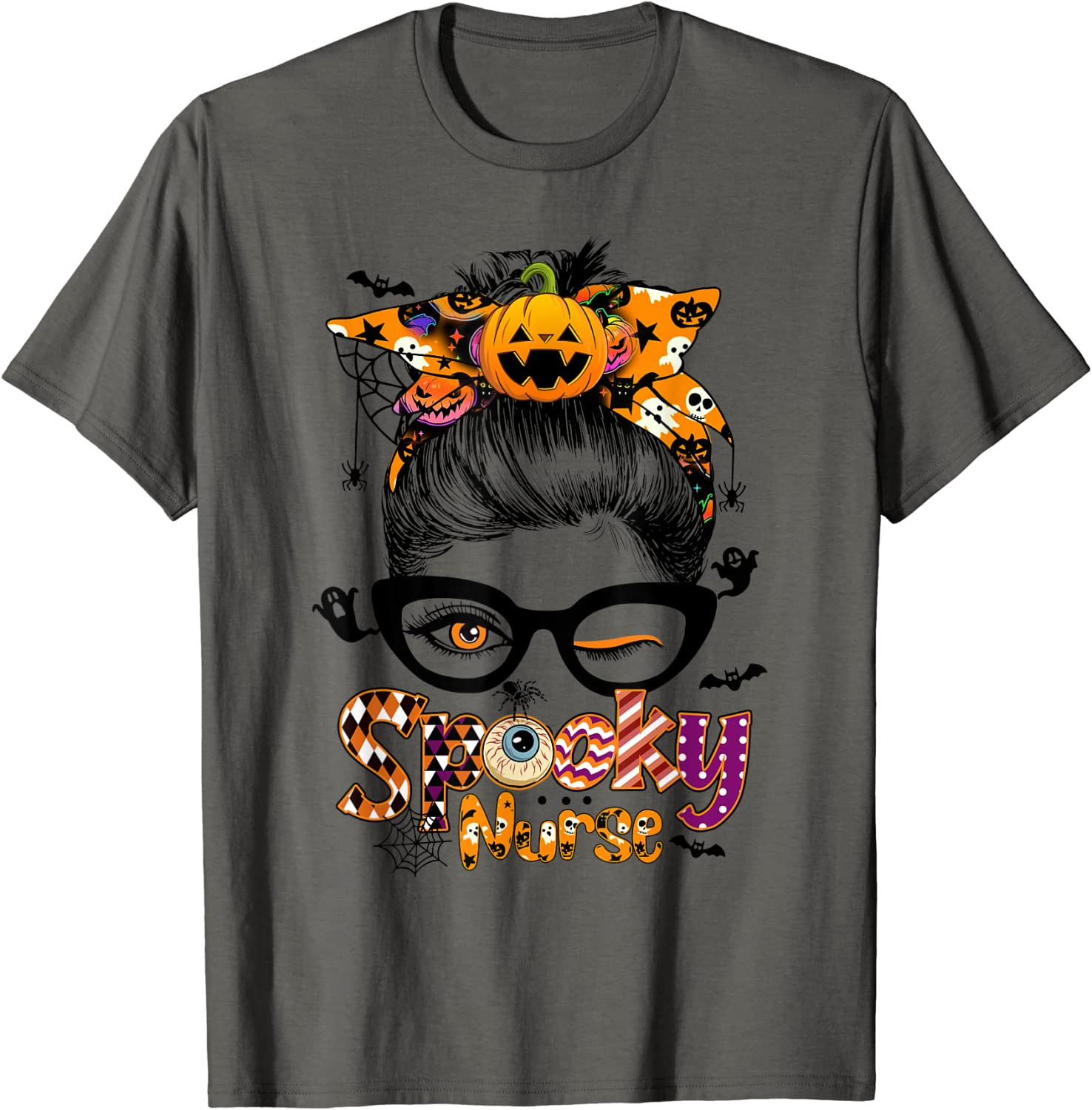 Spooky Nurse Messy Bun Nurse Life CNA RN Halloween Costume T-Shirt