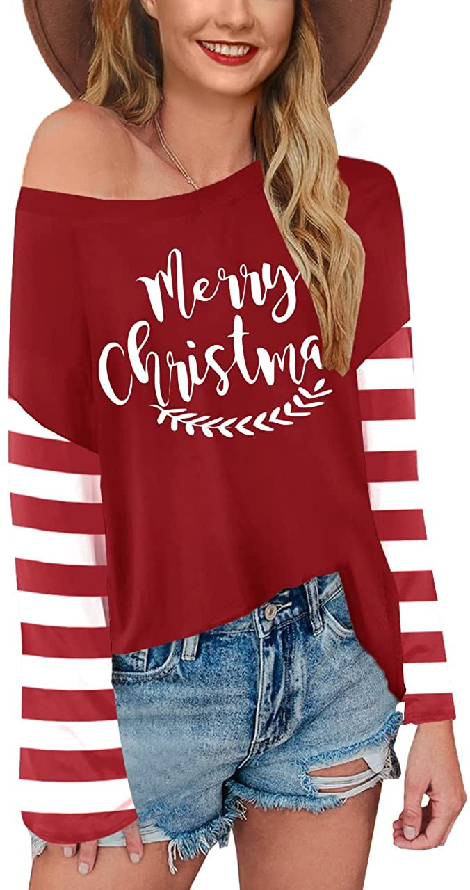 Thanksgiving Christmas Off Shoulder Stripe T-Shirt