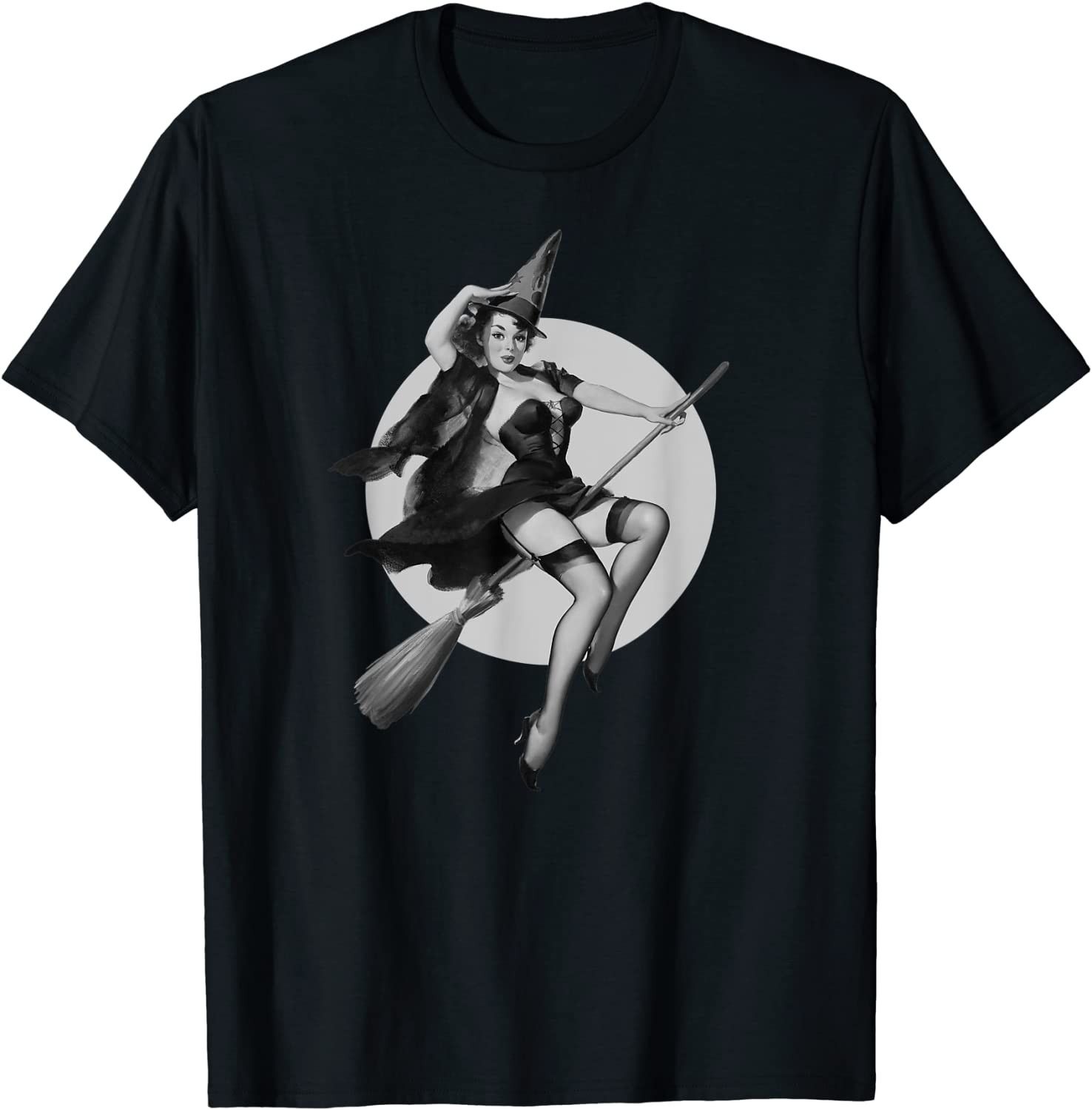 Flying Witch On Broom Halloween Sexy Witch Pin Up Girl T-Shirt