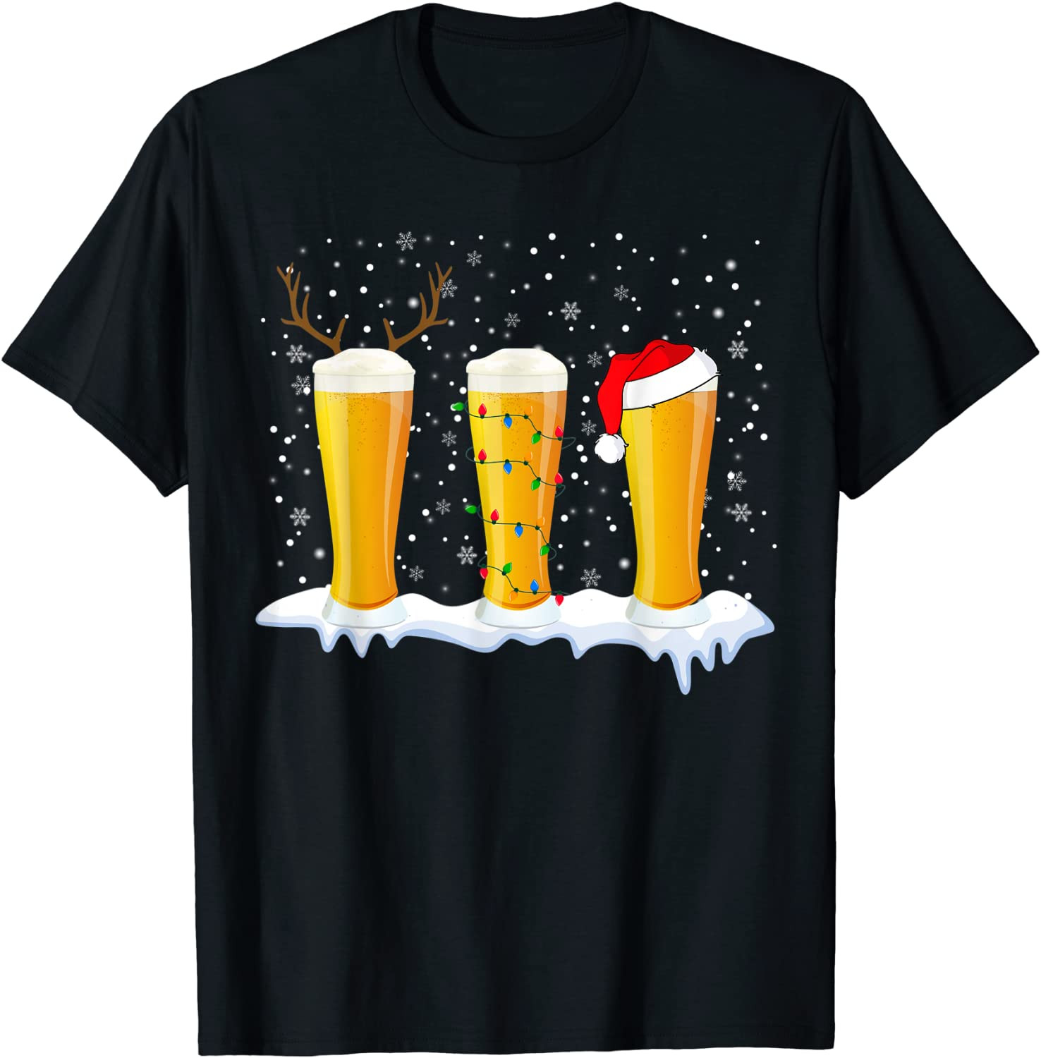 Funny Beer Glasses Drinking Lover Christmas Lights Xmas Snow T-Shirt