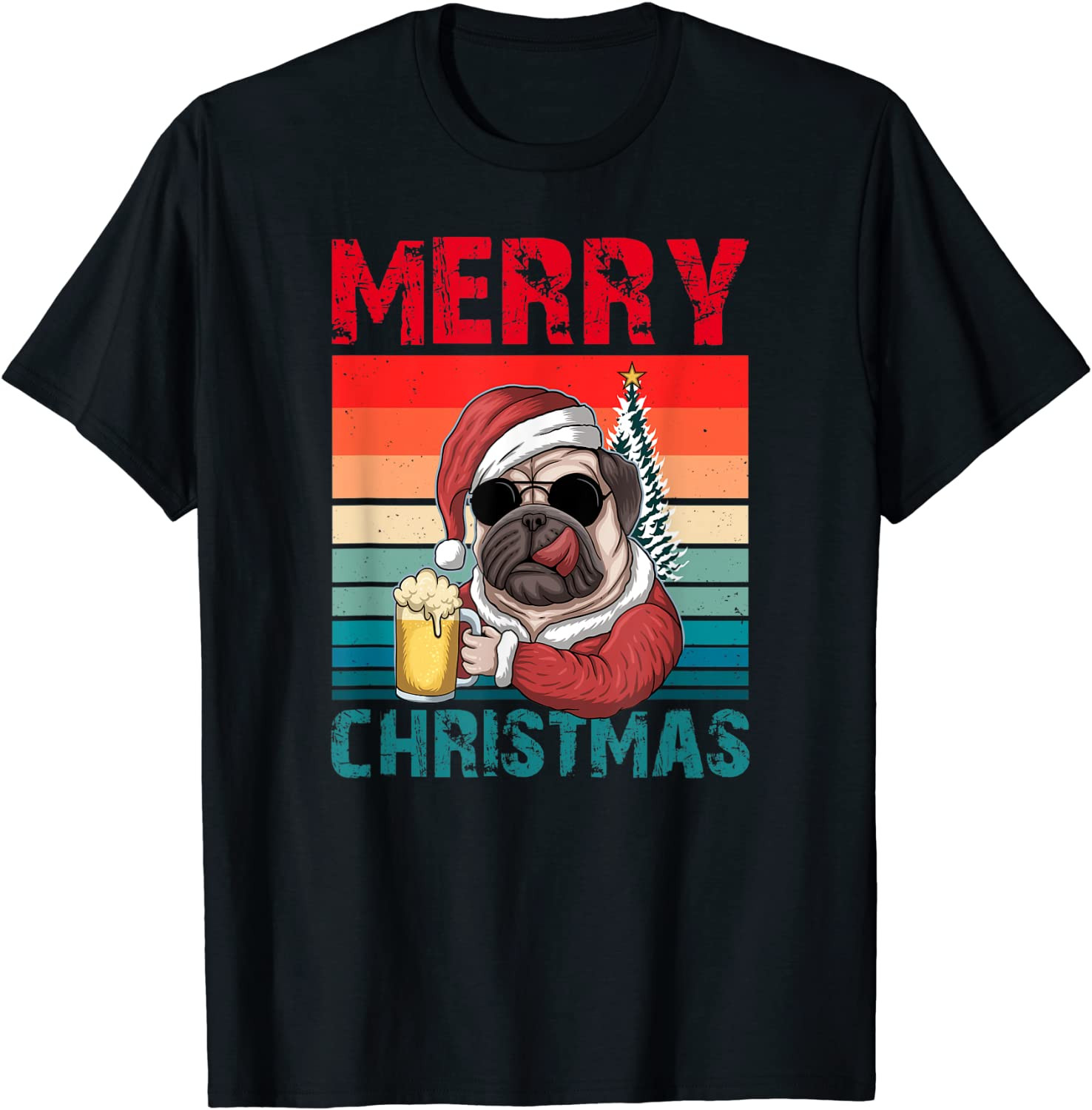 Santa Pug Merry Christmas Pug Costume Dog Drinking Beer T-Shirt